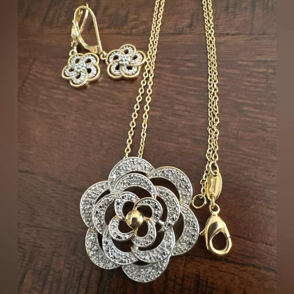 PGDA Flower Necklace Earring Set 18KGP Bronze Two Tone Silver